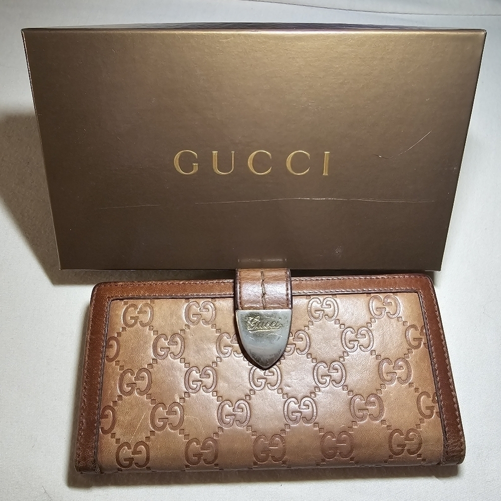 Authentic GUCCI Continental Monogram Embossed Cognac Brown Leather Wallet & Box